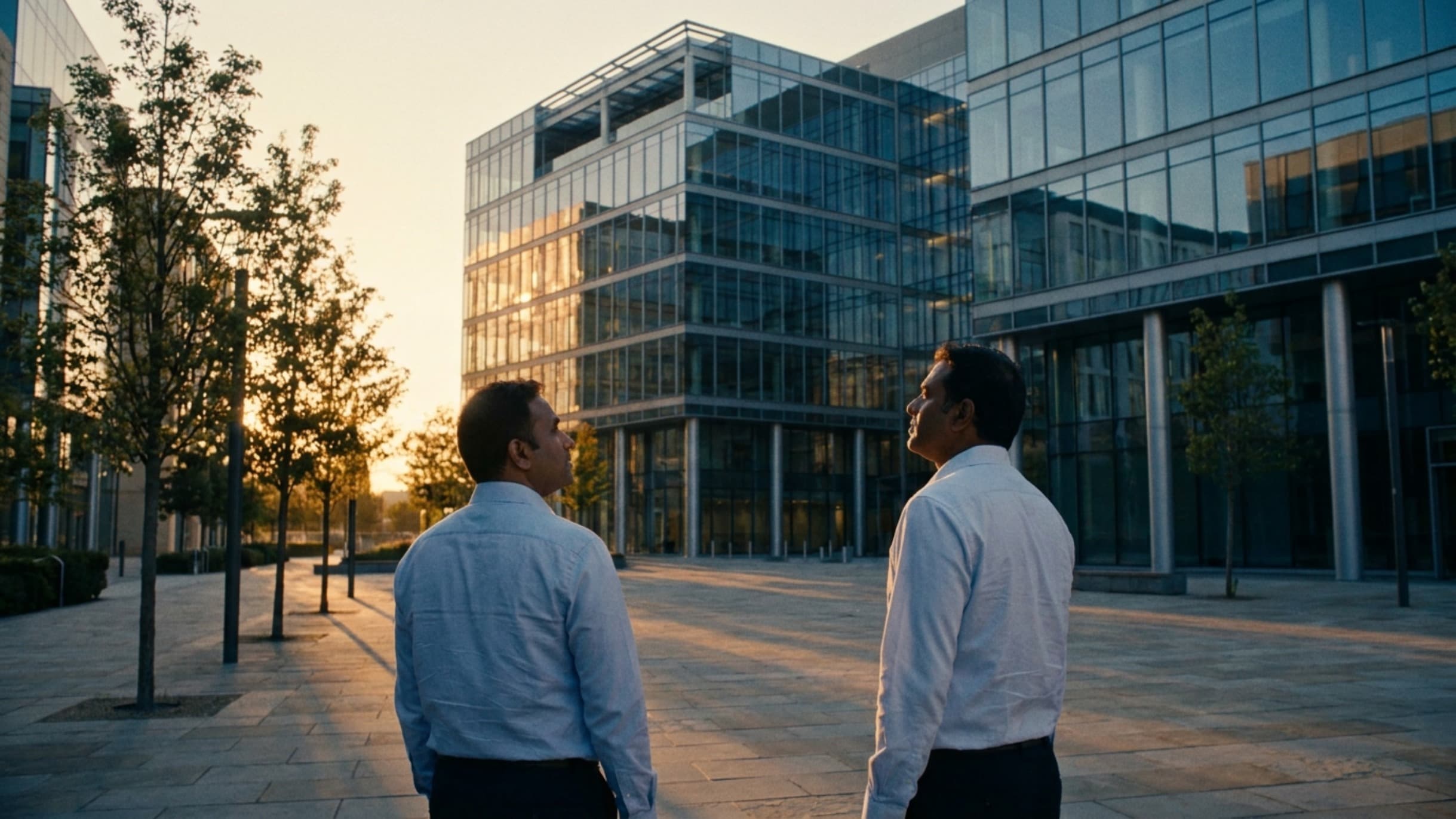 Two men before the Vyoma Labs campus at golden hour